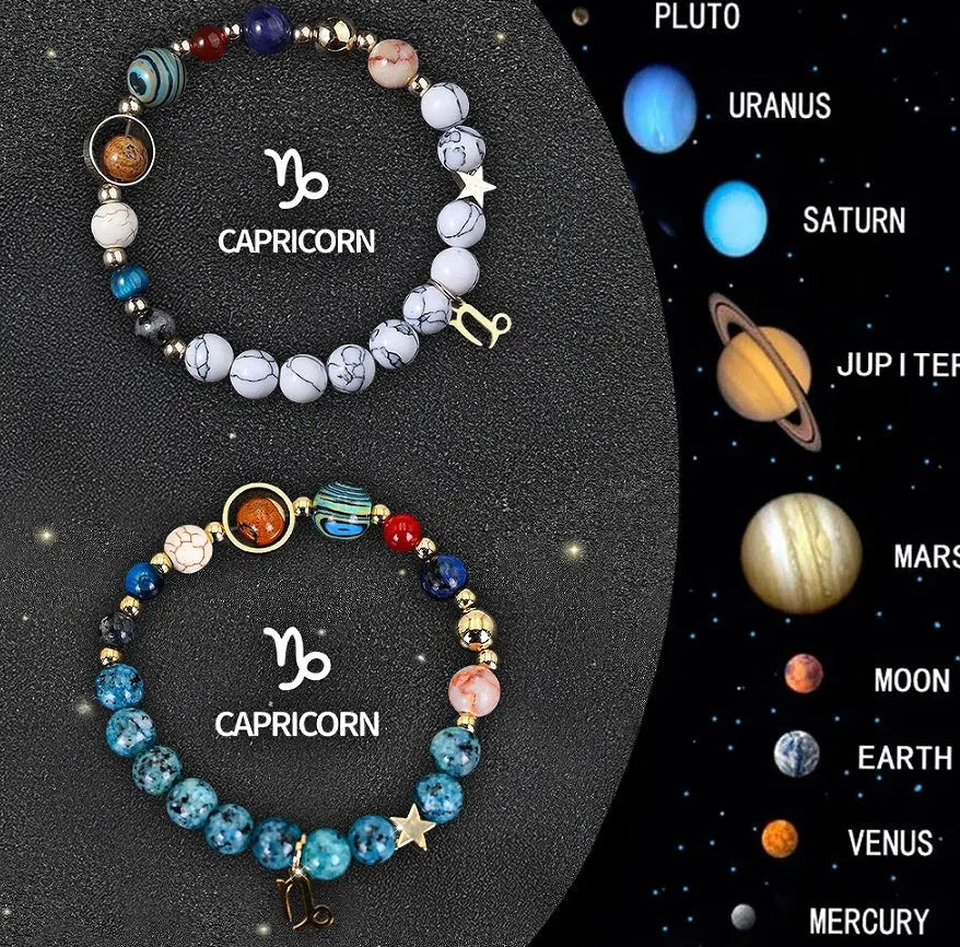 Twelve Zodiac Sign beaded bracelet set with natural stone beads and silver charms on adjustable chain