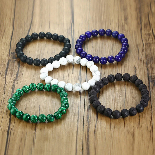 Natural Black Lava Rock and White Stone Stretch Bracelet with anti-fatigue benefits