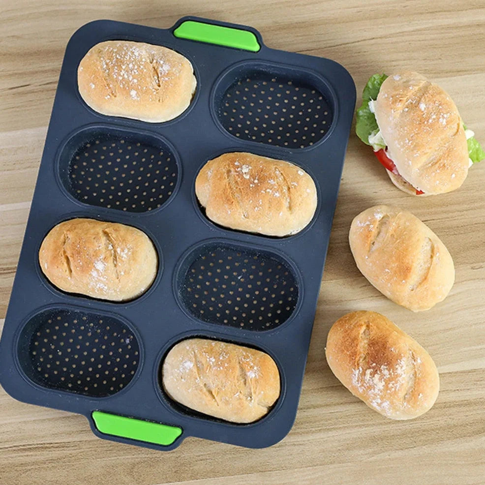 Dark grey silicone bread baking mould with eight compartments for uniform French loaves