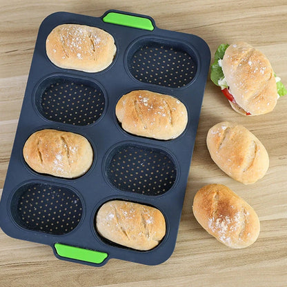 Dark grey silicone bread baking mould with eight compartments for uniform French loaves
