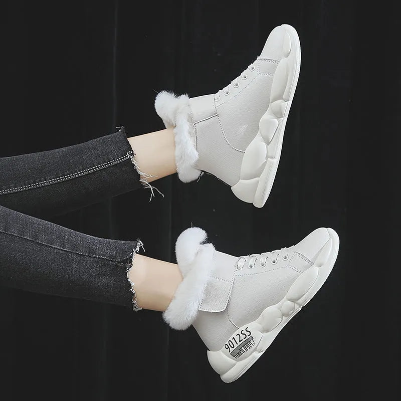 White warm snow boots, high upper, recycled leather and sheepskin leather, polyurethane sole, sizes 35-40