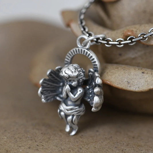 925 sterling silver angel necklace with retro chain, featuring a cupid angel pendant