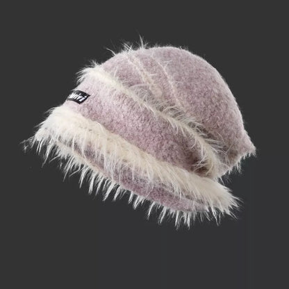 Korean-style plush knitted winter hat in mixed color stripes