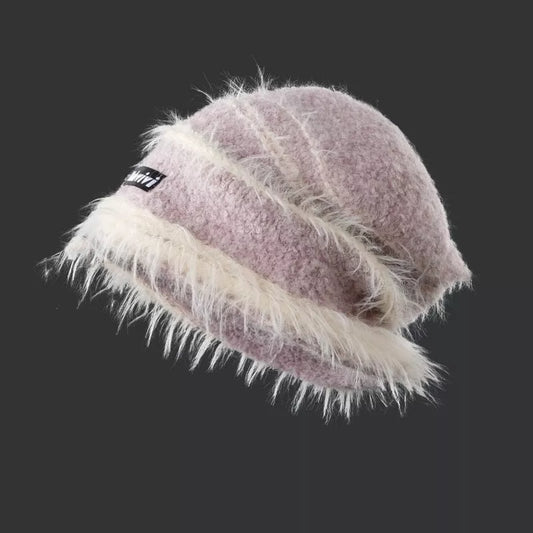 Korean-style plush knitted winter hat in mixed color stripes