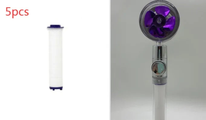 Chrome-finished ABS plastic water-saving shower head with a round, rotating spray head.