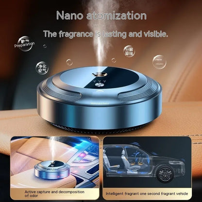 Car air freshener with automatic spray and zinc alloy shell on car dashboard