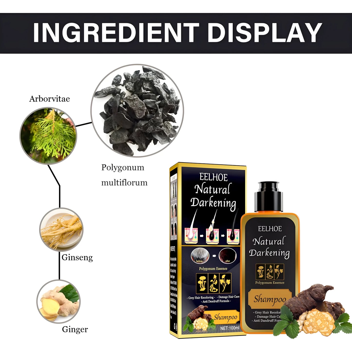100ml boxed bottle of Polygonum Multiflorum Shampoo for white to black hair transformation.