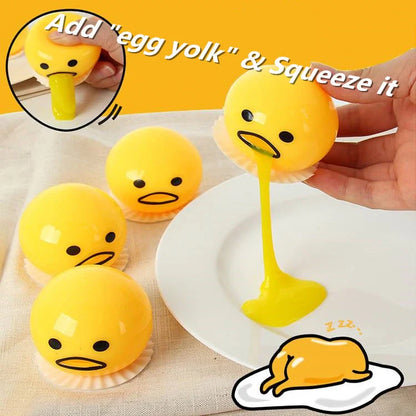 Gudetama Vomiting Egg Toy in green, orange, pink, and yellow for stress relief and fun