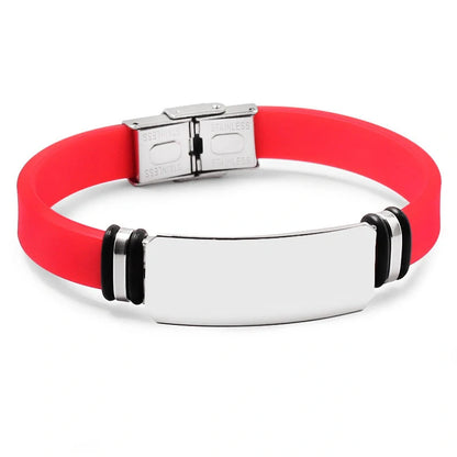 Custom engraved silicone bracelet with stainless steel clasp in various colors