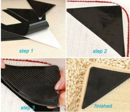 Secure rug grippers with polymer technology to prevent curling, slipping, and tripping on hardwood, tile, and other floor surfaces