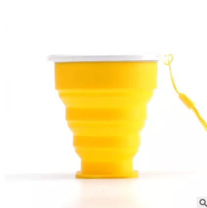 Collapsible water cup with stainless steel ring and lanyard in multiple colors
