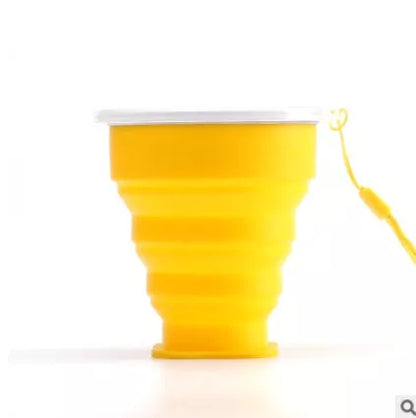 Collapsible water cup with stainless steel ring and lanyard in multiple colors