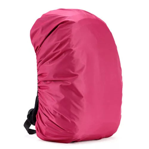 Waterproof backpack cover in various colors, showing elastic edge and compact fold