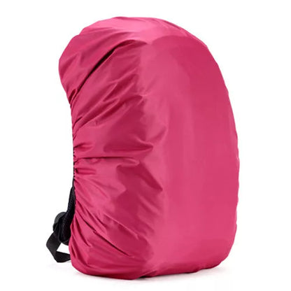 Waterproof backpack cover in various colors, showing elastic edge and compact fold