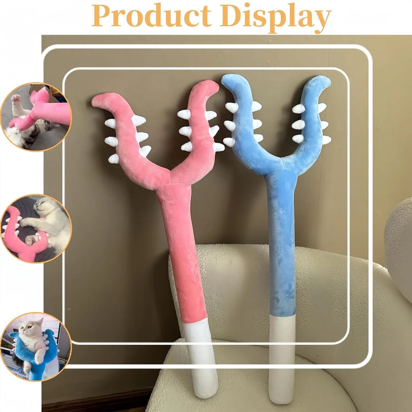 Blue and pink plush cat wand toy with a 70cm length and soft foam-filled head.