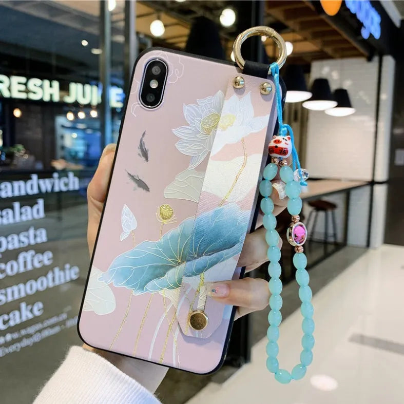 Rose flower printed iPhone case with wrist strap loop, compatible with iPhone 7 to 11 Pro Max models