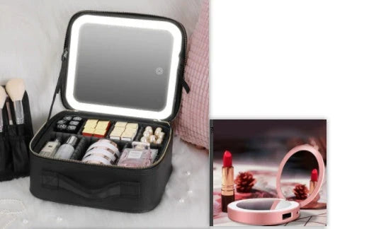 Glamorous lighted makeup vanity case with mirror, featuring large storage compartment, adjustable fill light, and high-definition mirror for flawless makeup application.