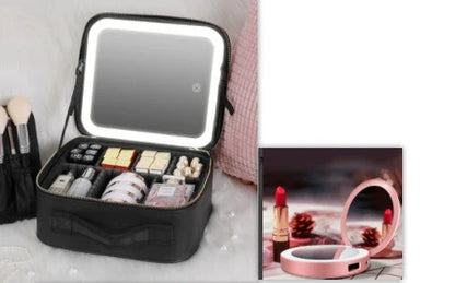 Glamorous lighted makeup vanity case with mirror, featuring large storage compartment, adjustable fill light, and high-definition mirror for flawless makeup application.