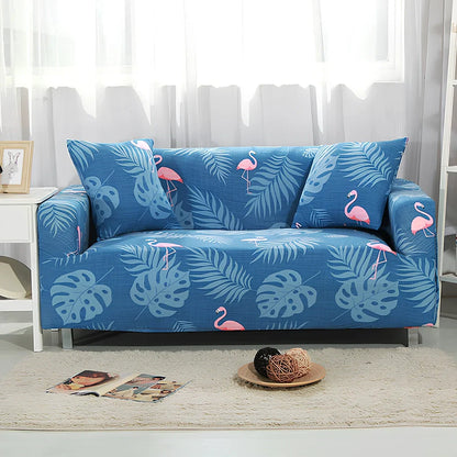 Elastic sofa cover on three-seat sofa showing stretch fabric fitting sofa length 190-230cm