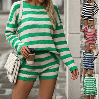 Women's 2-piece striped knit set with long sleeve sweater and elastic shorts
