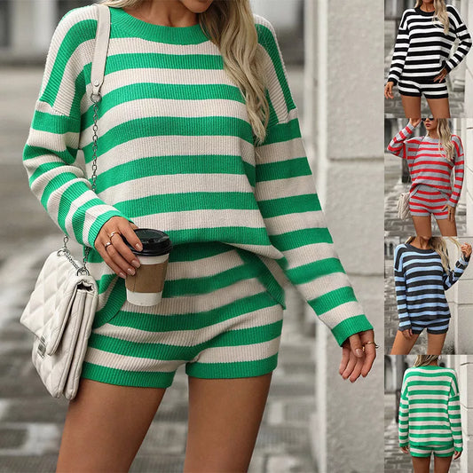 Women's 2-piece striped knit set with long sleeve sweater and elastic shorts