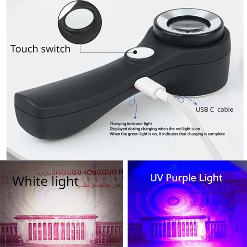 Black or silver jewelry tobacco alcohol appraisal magnifying glass with optical glass lens and USB-C cable