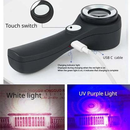 Black or silver jewelry tobacco alcohol appraisal magnifying glass with optical glass lens and USB-C cable