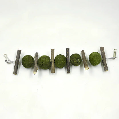 Pet molar supplies with 5 grass balls and 6 apple branches hanging for small animal dental care