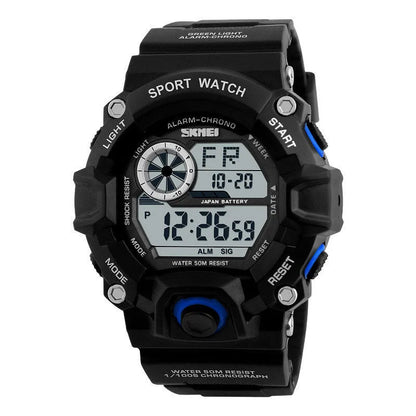 Waterproof electronic watch with round dial, plastic strap, in army green colour, showing alarm and GMT functions.