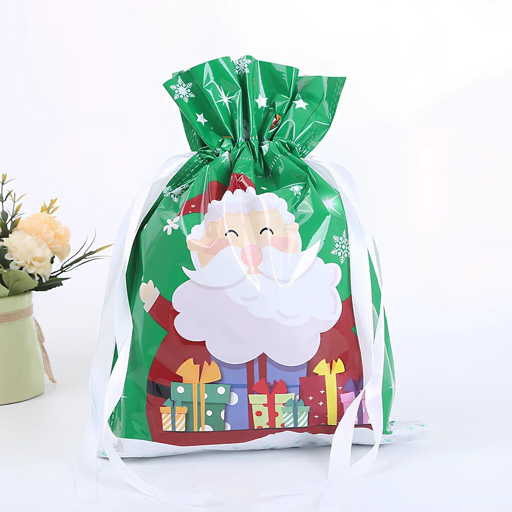 Christmas gift bag with drawstring closure in laser gold finish, 32x24cm dimensions