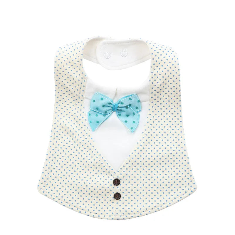 Adjustable baby bow tie bib in four-layer waterproof design, free size, shown in a choice of colour prints