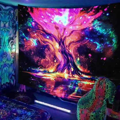 Skull print fluorescent wall tapestry showing detailed pattern on polyester fabric with hanging accessories