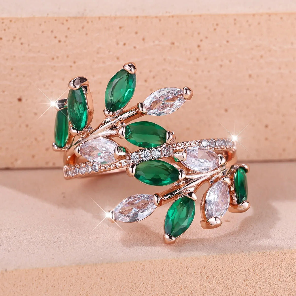 Horse Eye Zircon Leaf Ring with adjustable opening in rose gold purple white diamond colour on a hand