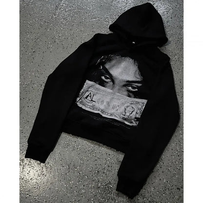 Black women's hoodie with cartoon print design in loose fit polyester construction