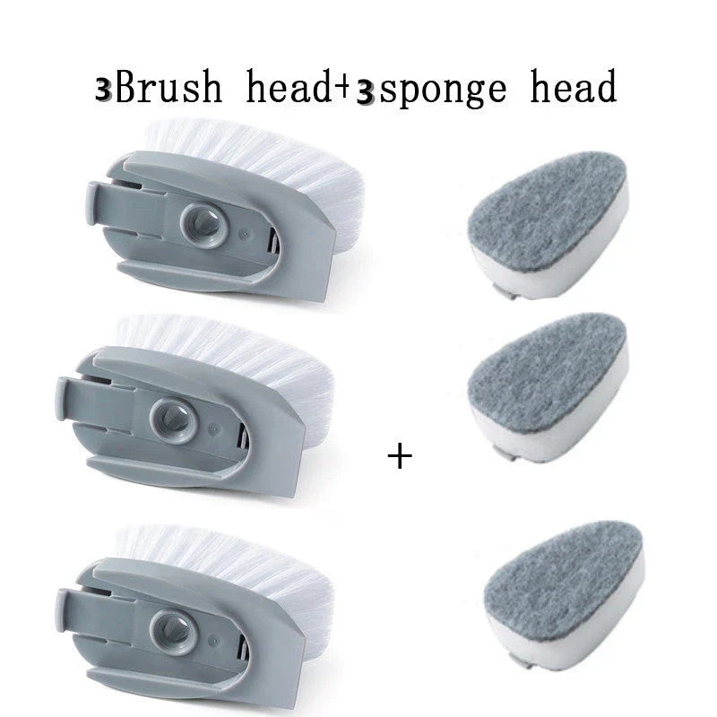 Long-handled kitchen cleaning brush with removable head, designed for efficient and hygienic scrubbing of dishes, bowls, and surfaces.