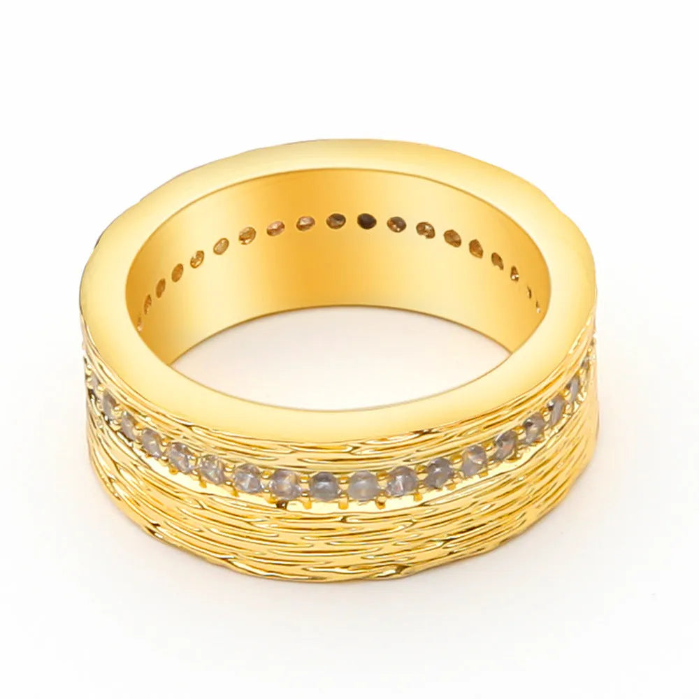 Women's gold geometry ring with angular design and zircon accents on copper base