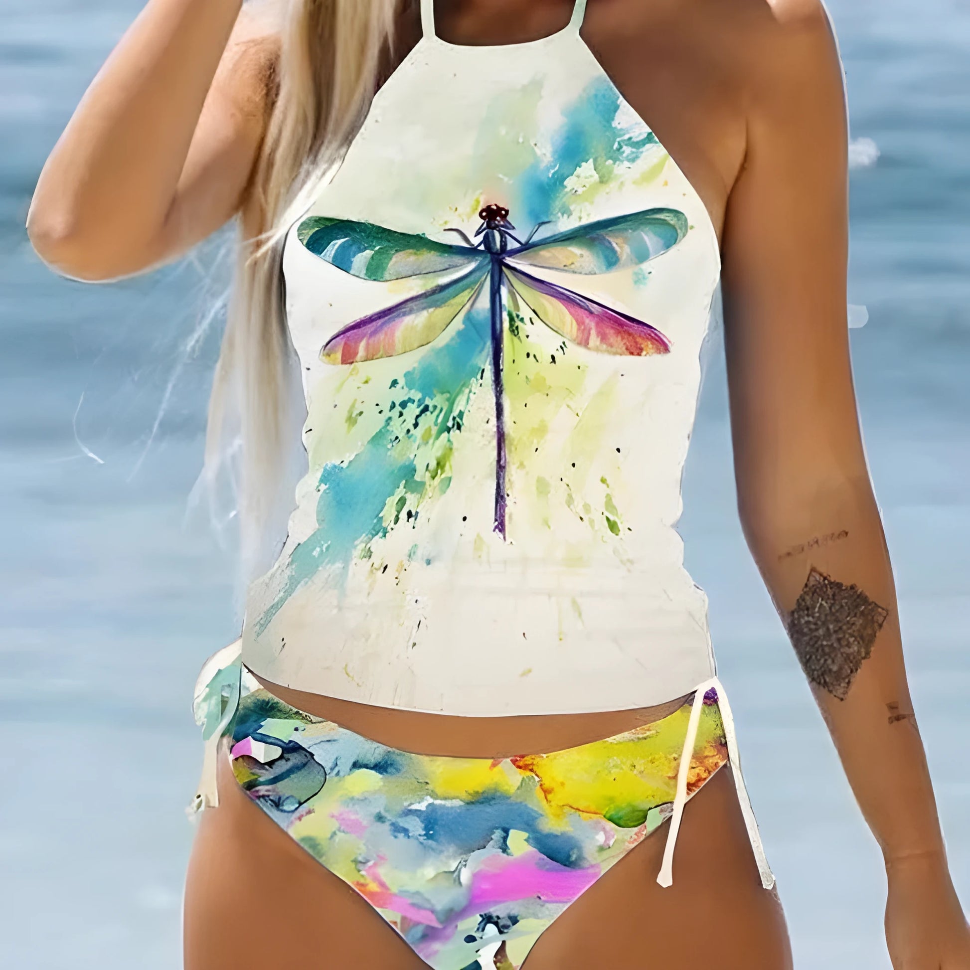 Colourful conservative women's swimsuit with cartoon printing and split brief design