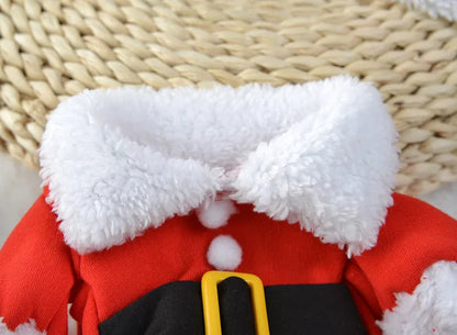 Red polar fleece Santa Claus costume for pets on dog with Christmas background