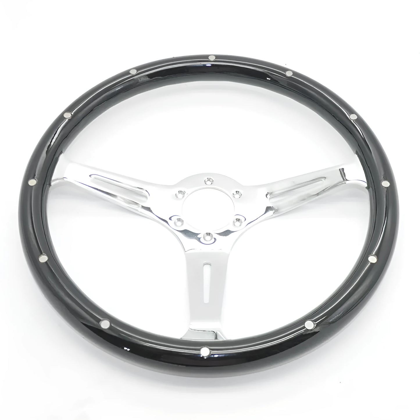 15-inch black electroplated peach wood steering wheel with six-hole bolt pattern for classic cars