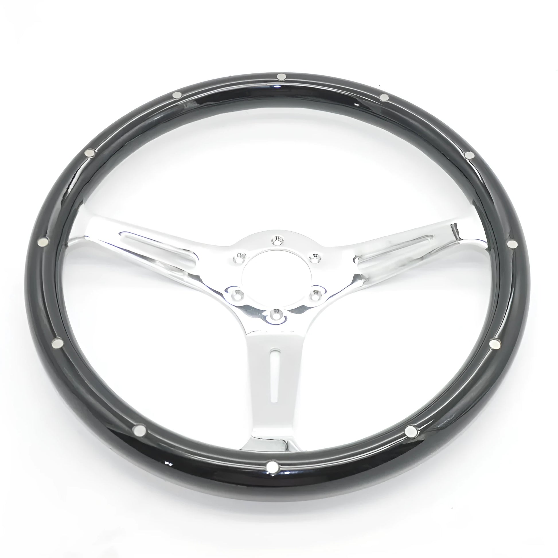 15-inch black electroplated peach wood steering wheel with six-hole bolt pattern for classic cars