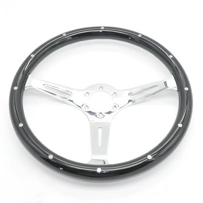 15-inch black electroplated peach wood steering wheel with six-hole bolt pattern for classic cars