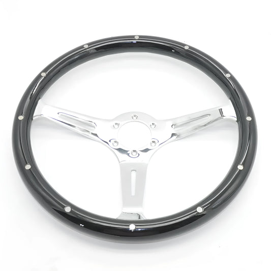 15-inch black electroplated peach wood steering wheel with six-hole bolt pattern for classic cars