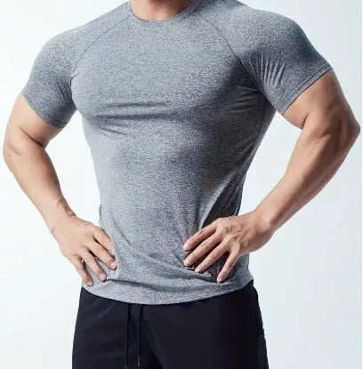 Men's casual short sleeve t-shirt in quick-dry polyester, shown in grey.