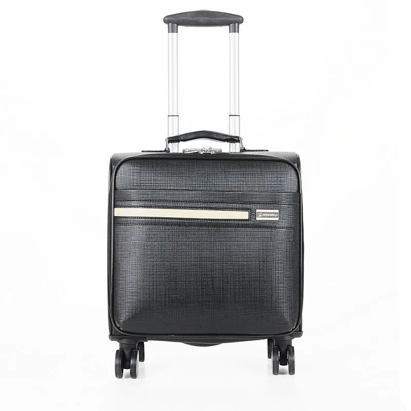 Black PU leather business case with lock, airplane wheels, and 18-inch height for secure document storage