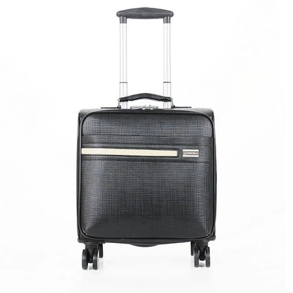 Black PU leather business case with lock, airplane wheels, and 18-inch height for secure document storage