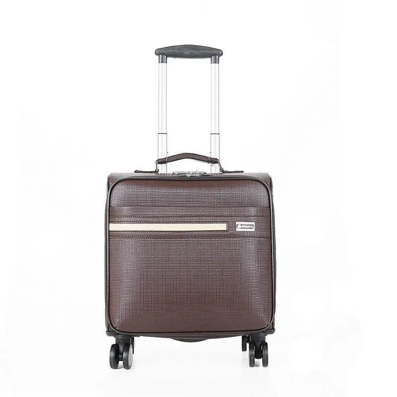 Black PU leather business case with lock, airplane wheels, and 18-inch height for secure document storage