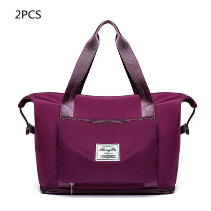 Roomy and foldable gym bag for women with waterproof Oxford fabric, multiple pockets, and wet/dry separation compartment