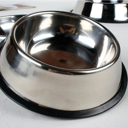 Stainless steel pet bowls with non-slip base, available in multiple sizes for all pets