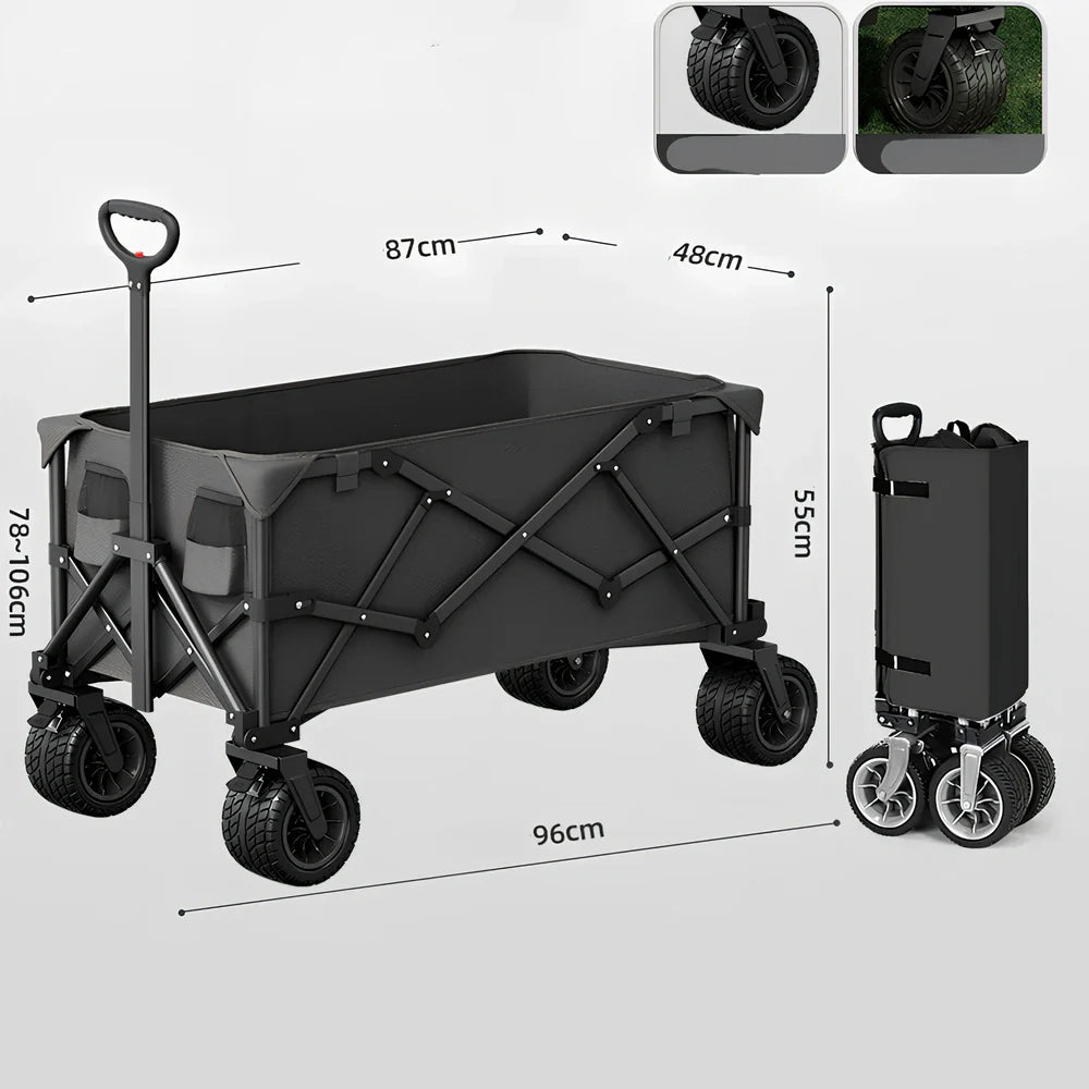 Foldable black camping cart with 600kg capacity showing expanded and collapsed dimensions