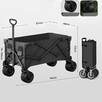 Foldable black camping cart with 600kg capacity showing expanded and collapsed dimensions
